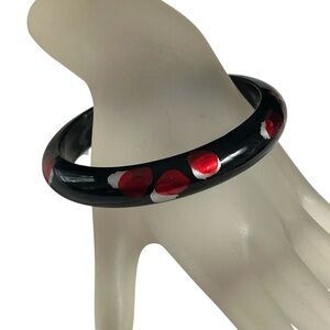 Hand Painted Black Red Silver Floral 3” Plastic Bangle Bracelet Vintage Preowned